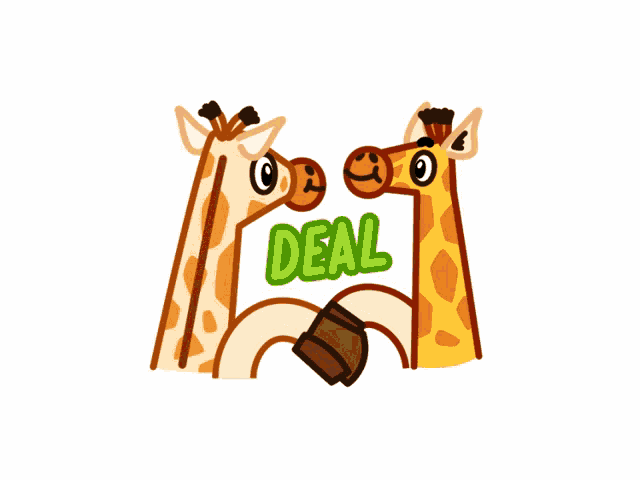 a couple of giraffes with the word deal written on them