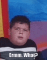 a young boy is making a funny face and saying `` ermm what ? '' .
