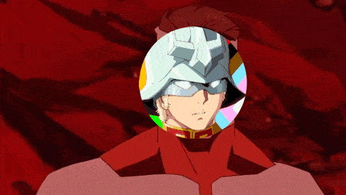 a cartoon character wearing a helmet with a g on it is standing in front of a red background