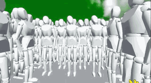 a group of mannequins are standing in a row on a green background