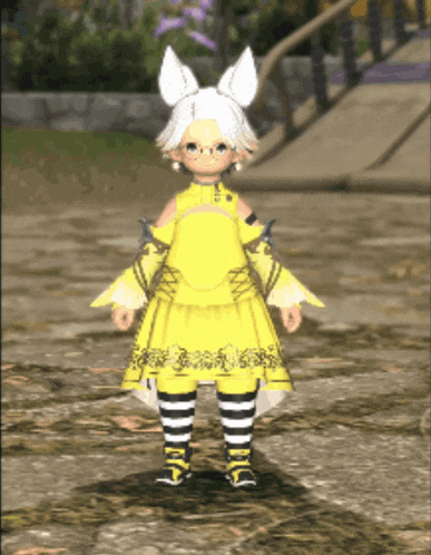 a girl with white hair is wearing a yellow dress and striped socks