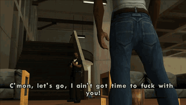 a screenshot of a video game shows a man talking to a police officer