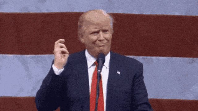 a man in a suit and tie is giving a speech in front of an american flag