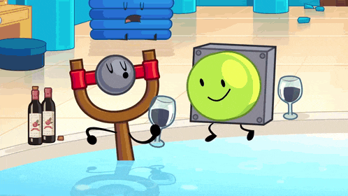 two cartoon characters are standing next to each other in a pool with bottles of wine and glasses of wine