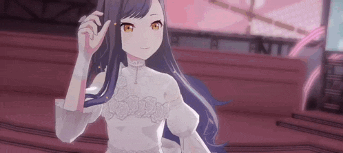 a girl with long blue hair is wearing a white dress and gloves .