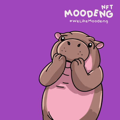 a cartoon of a hippo that says nft moodeng on a purple background