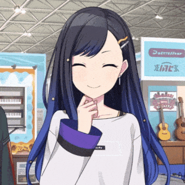 a girl with long blue hair is smiling in front of a sign that says ' dottore ' on it