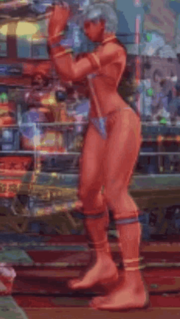 a woman in a bikini is squatting down in a video game scene .