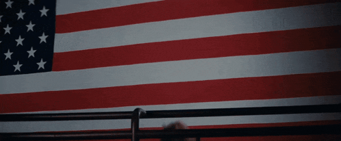 a person pointing at an american flag in the dark