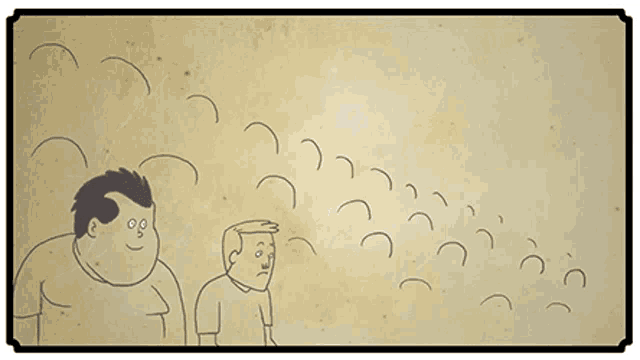 a cartoon drawing of a man standing next to another man with a bunch of letters written on the wall