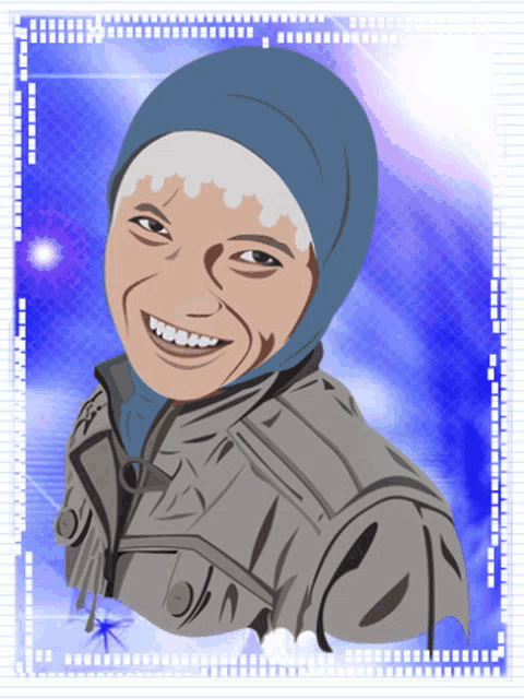 a cartoon drawing of a woman wearing a head scarf and smiling