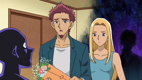 a man and a woman are standing next to each other in an anime scene
