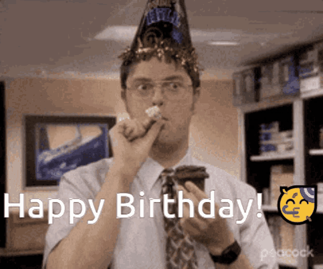 a man wearing a party hat is eating a cupcake with the words happy birthday written above him