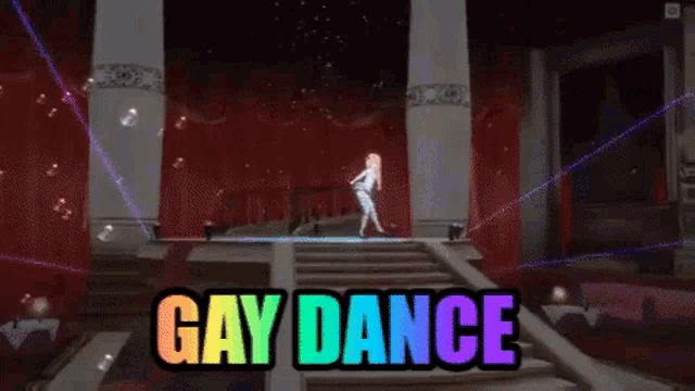 a video of a woman dancing with the words gay dance written above her