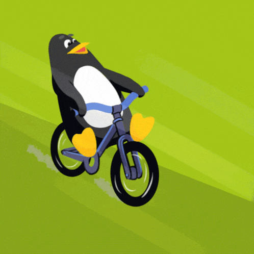 a penguin is riding a bike on a grassy field