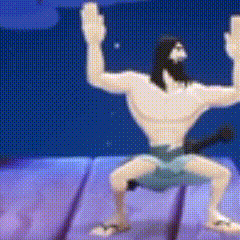 a cartoon of a man without a shirt is standing on one leg