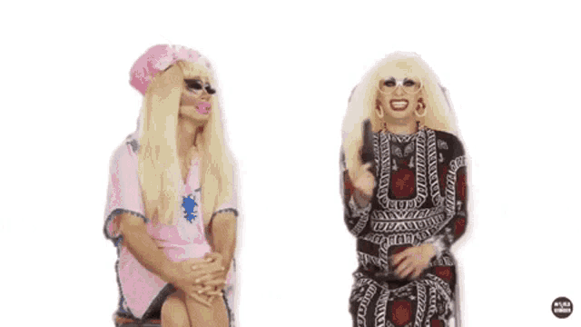 two drag queens are standing next to each other with the words " cause honey what you see " in the corner