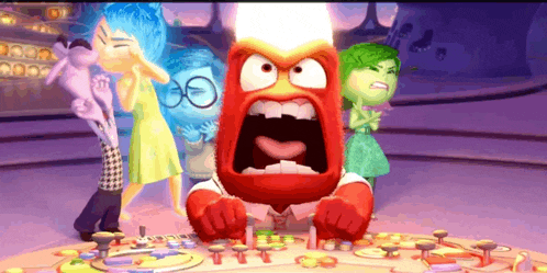 a group of cartoon characters are standing around a table with a cartoon character screaming with his mouth open
