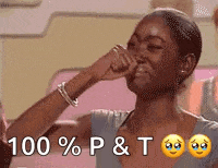 a woman is crying and covering her nose with her hand while saying `` 100 % p & t '' .