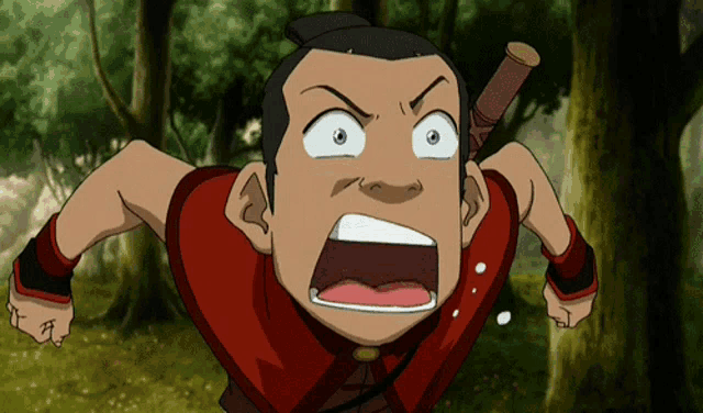 a cartoon character with a surprised look on his face is running through the woods