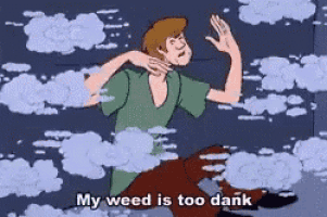 a cartoon character says my weed is too dank while standing in the clouds .