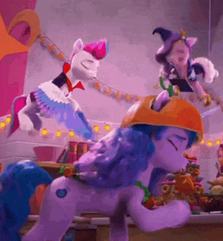 a purple and white pony with blue hair is eating a plate of food