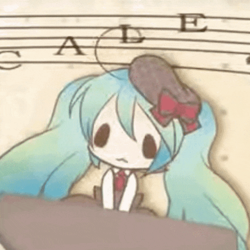 a cartoon of hatsune miku sitting at a table with music notes in the background .