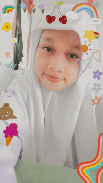 a girl wearing a white hijab with a cherry on her hat