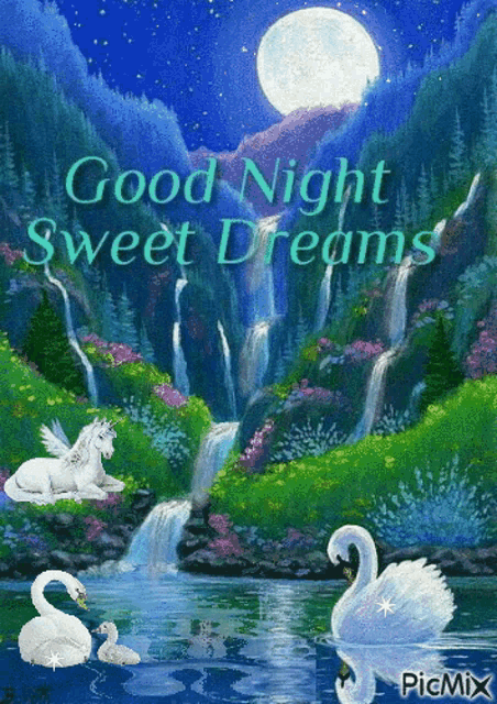 a picture of swans and a unicorn with the words good night sweet dreams on it