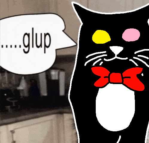 a drawing of a black cat with a red bow tie and a speech bubble that says glup