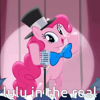 a pink pony with a top hat and bow tie singing into a microphone