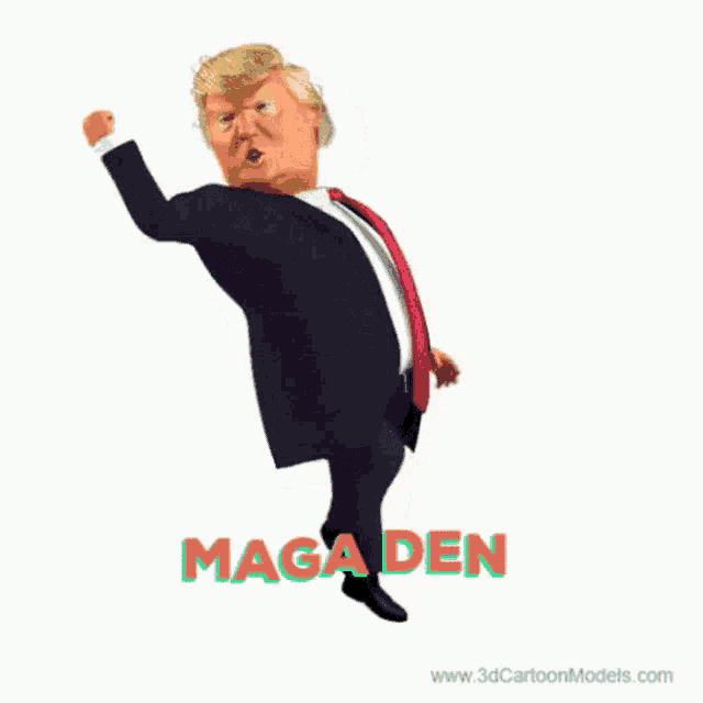 a cartoon of donald trump dancing with maga den written below him