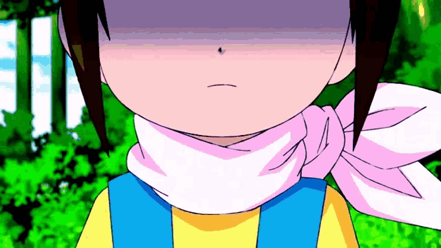 a close up of a cartoon character with a pink scarf around her neck