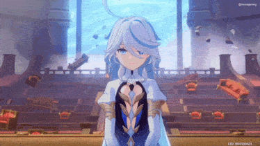 a girl with white hair and blue eyes is standing in a room in a video game