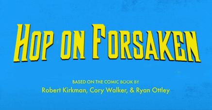 a blue background with the words hop on forsaken written in yellow