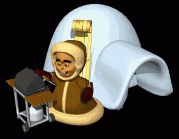a cartoon of a man in an igloo holding a barbecue grill