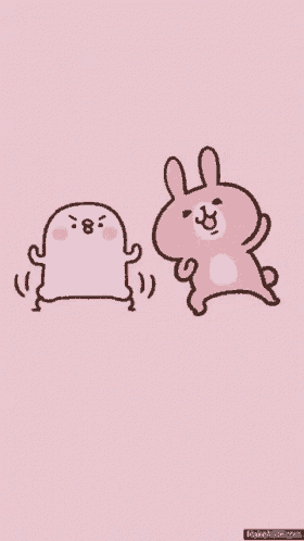 a cartoon of a bird and a rabbit on a pink background with kanahei written below them