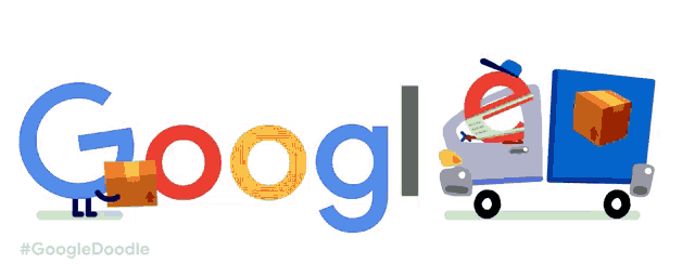 a google logo with a truck carrying a box and hearts