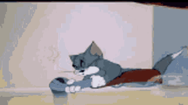 a cartoon cat is laying on the floor playing with a toy and smoking a cigarette .