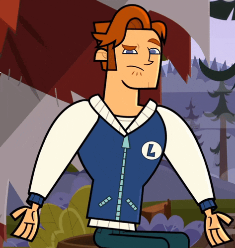 a cartoon character has the letter l on his shirt