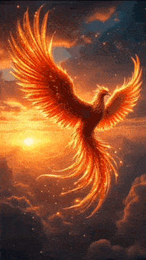 a phoenix is flying in the sky at sunset with its wings spread .