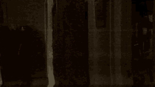 a black and white photo of a person standing in a dark hallway