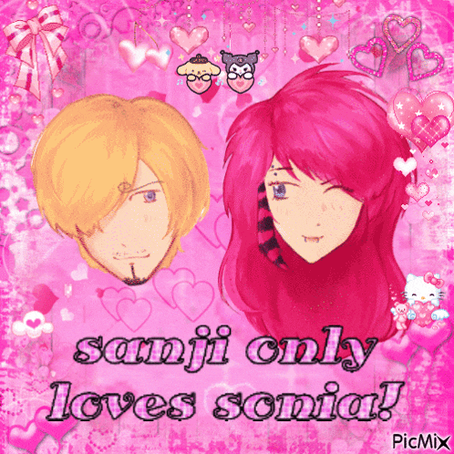 a picture of a man and a girl with the words " sanji only loves sonia "