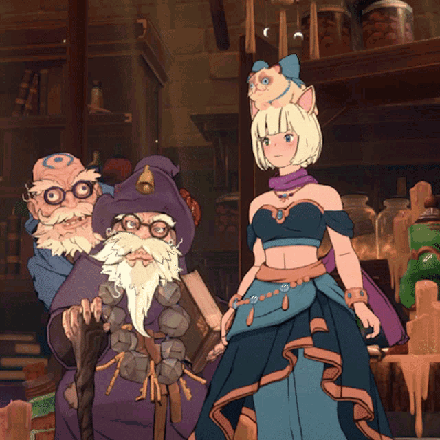 a group of cartoon characters including a wizard and a girl