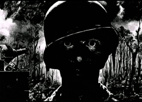 a black and white drawing of a soldier wearing a helmet in the woods .