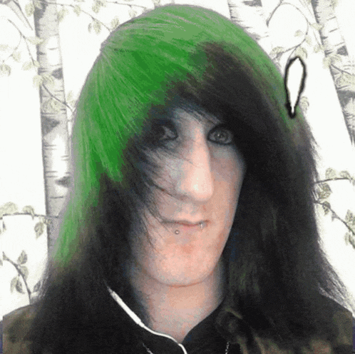 a man with green and black hair has a piercing in his nose