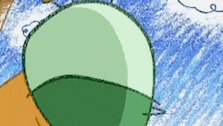 a close up of a cartoon character 's belly with a green balloon in the background .