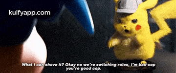 a pikachu in a hat is talking to a man in a hat .