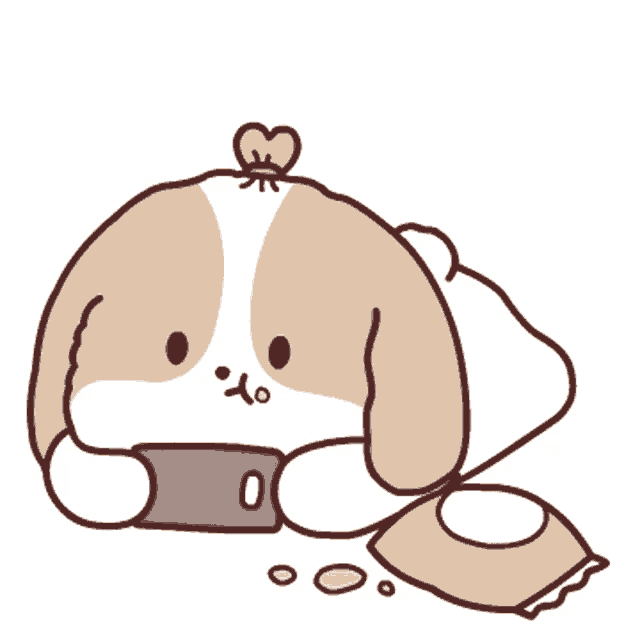 a cartoon drawing of a dog laying on the floor looking at a cell phone
