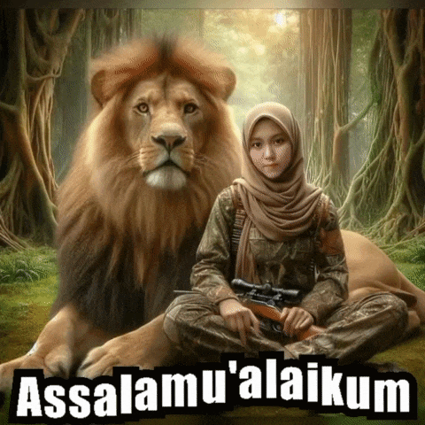 a woman in a hijab sits next to a lion with the word assalamu ' alaikum written below her